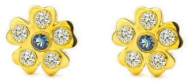 Mondepe 3059 Ohrringe für Babys, Mädchen, Gelbgold, 18 Karat (18 Karat), Blume, Zirkonia und synthetischer Saphir, glänzend