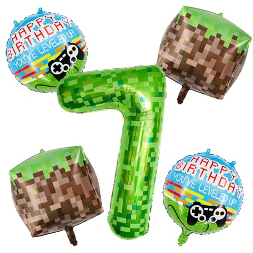 Koboko Pixel Luftballon 7 Jahre Junge, 5 Stück Ballons Pixel Miner Gamer Geburtstagsdeko 7 Jahre Junge Mädchen, Folienballon 7 Geburtstag Deko, Grasblöcke Ballon Deko 7. Geburtstag Spiel Thema Party