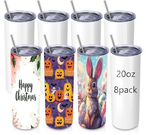 Volhoply 8 Pack Skinny Tumblers with Lid and Straw, 600ml (20oz) Stainless Steel Straight Tumbler Bulk, Vacuum Insulated Coffee Mug for Home, Office, Travel, DIY (Sublimation,8 Pack)