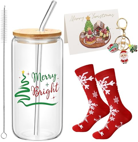 Weihnachtsgläser, Weihnachtstasse, 500ml Trinkbecher mit Deckel und Strohhalm, Weihnachtsglas Geschenke Set, Weihnachten Gläser, Glas Tasse Weihnachtstassen Party Geburtstag Dekoration Geschenke (A)