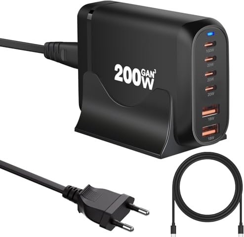 QUTIASE 200W USB C Ladegerät Mehrfach, 6 Ports (4C + 2A) GaN III Schnellladegerät, USB Ladestation, PD + QC Netzteil für iPhone, iPad, MacBook Pro, Dell Laptop - Schwarz mit 1,5m 100W USB C Kabel