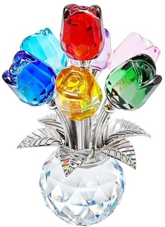 JUUDDENPARTS 7-Color Crystal Rose Bouquet, Crystal Glass Flower with Metal Stem for Girlfriend Wife, for Romantic Valentine's Day, Valentine's Day Anniversary Mother's Birthday Wedding