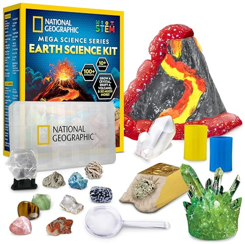 NATIONAL GEOGRAPHIC Mega Science Series – Earth Science Kit con más de 100 experimentos para niños, cultivo de cristales, volcán, colección de rocas, juguete educativo STEM