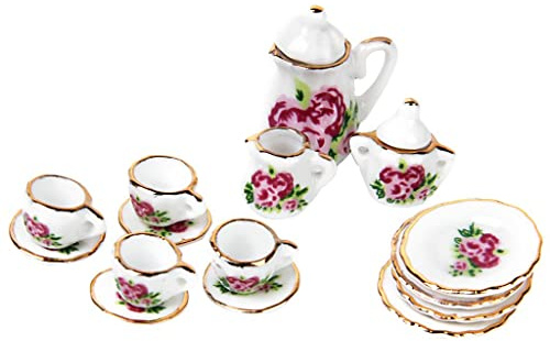Service à thé miniature en porcelaine pour maison de poupée 15 pièces Motif rose chinoise