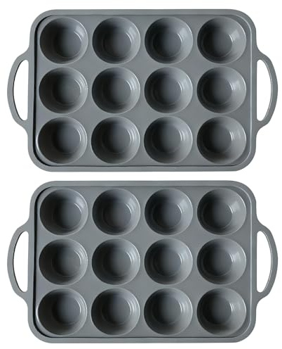 XHYASD 2 Pièces Moules à Muffins en Silicone avec Cadre en Métal Stable, Plaque à Muffins 12 Cavités Antiadhésif pour Cupcakes, Brownies & Gâteaux, Compatible Four & Lave-vaisselle, Sans BPA (Gris)