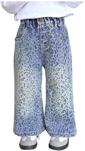Generico Jeans Bambina 1-8 Anni Larghi Gamba Dritta Pantaloni Jeans Denim Ragazza Elasticizzati Vita Alta Leopardo Casual Pantaloni da Lavoro Cargo Ampio Primaverile Hip Hop Streetwear