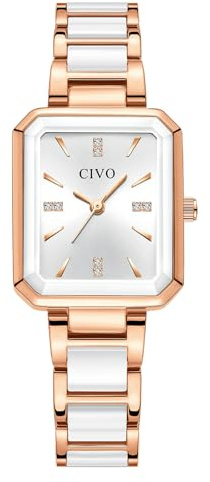 CIVO Rectangle Waterproof Watches for Women: Rose Gold Stainless Steel Analogue Quartz Wrist Watch - Art Inspired Dial Elegant Business & Everyday Wear Ladies Watches