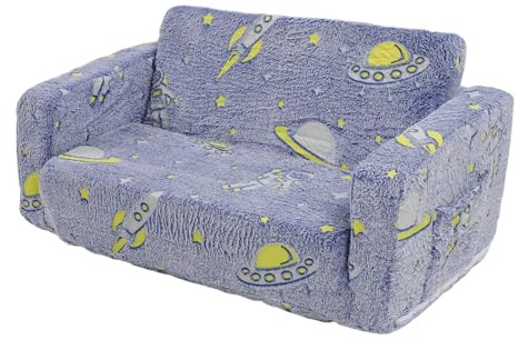 Generic Barnsoffa, 2 i 1 Småbarnssoffa Utfällbar Bäddsoffa Till Säng med Glow in The Dark Sammetsöverdrag och Memory Foam, för Flickor och Pojkar Lärande Läsning Lekrum (BLUE)