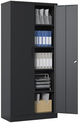 BIZOEIRON Metallschrank abschließbar, 180 x 80 x 40 cm Stahlschrank mit 4 höhenverstellbaren Einlegeböden, Mehrzweckschrank und Aufbewahrungsschrank für Garage, Werkstatt, Keller und Büro, (Schwarz)