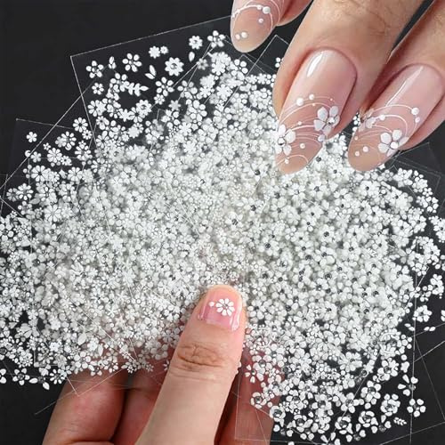 Nymora 30 Blatt Blumen Nagelsticker Selbstklebend, Weiße 3D Blume Fingernägel Aufkleber für Nageldesign Dekoration