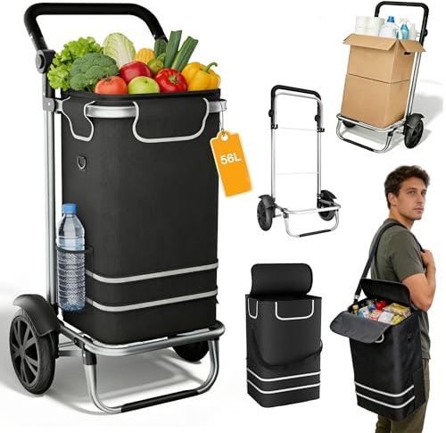 UISEBRT 3in1 Einkaufstrolley klappbar mit 56L groß Volumen,Multifunktionaler Einkaufsroller mit Kühlfach, Umhängetasche & Sackkarre in Einem,Hackenporsche Trolly Einkaufswagen Schwarz,1-Rad