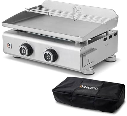 BRASERO BY FAVEX – Plancha gaz inox 2 feux – 5,3 kW – Plaque inox 5 mm – 52 x 34 cm – 6 à 8 convives – Housse incluse