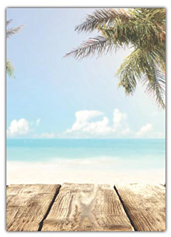 Strand Motiv Briefpapier (MPA-5196, DIN A4, 25 Blatt) Motivpapier schöner Sandstrand blaues Meer, Himmel Wolken und Palmen