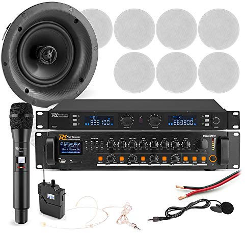 Power Dynamics 8x8 Inch Ceiling Speaker PA System - 240W Mixer Amplifier, Bluetooth & UHF Wireless Microphones - Complete Audio for School, Restaurant, Office, Retail Announcements & Background Music