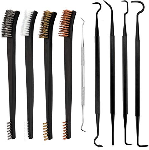 AIEX 9 Piezas Mini Cepillo de Alambre y Kit de Pico, Cepillo de Acero de Nailon y Cobre de Latón de Doble Punta y Púas de Metal Ploymer para Limpiar Escoria y óxido