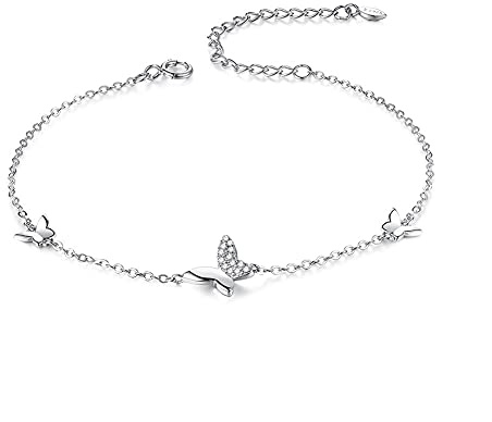 Belons Bracelet pour femme en argent sterling 925 avec zircones en forme de papillon - Bracelet de cheville pour fille - Argenté/doré, Mittelgroße, Argent sterling, Zircon cubique