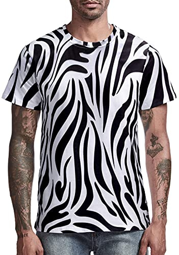 COSAVOROCK Men's Zebra Print Short Sleeve T-Shirts Black L