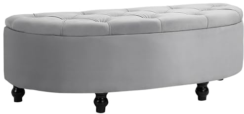 HOMCOM Semi-Circle Ottoman Storage Bench, Bed End Bench, Tufted Upholstered Window Seat Footrest Stool with Rubberwood Legs for Bedroom & Entryway, 120 x 46 x 42 cm, Light Grey