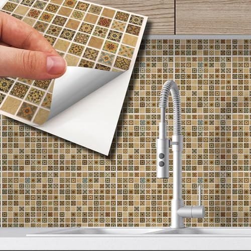 WALPLUS 15cm(6) 96 Pieces Antique Brown Azulejo Mosaic Wall Tile Sticker Set Peel and Stick Backsplash Decals Vinyl Home Decors Splashback for Kitchen Bathroom Tile Paint Stick on Wall
