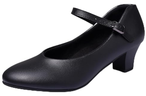 Linodes PU Leather Ankle Strap Character Shoe 1.55'' Dance Shoes for Women-Black-5.5M