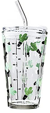 ZRSWV Gobelet en verre avec paille et couvercle, motif dessin animé, réutilisable, durable pour boissons froides, soda, thé