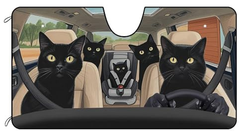 BAGEYOU Dog Car Front Windshield Sunshade Black Cat Family Decor Vehicle Sun Shade Visor UV Ray Reflector Sun Protector, Keep Vehicle Cool, 51 x 26.8