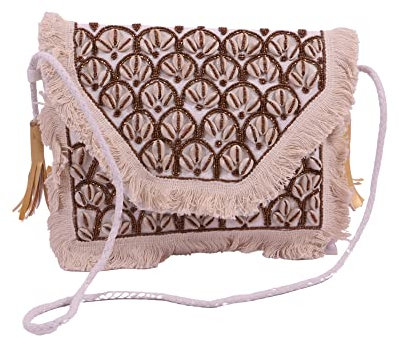 MOSELLE | Damen Handtasche im Cowri-Boho Design, Tasche mit Fransen, Muscheln und Perlen, Einzigartige Umhängetasche