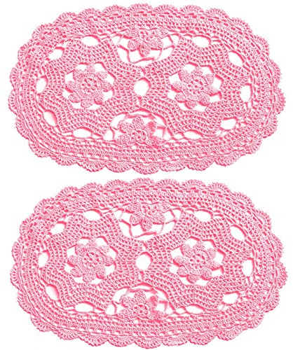 BIBITIME Lace Placemats Kitchen Dinner Table Doilies Dishes Bowl Knife Fork Mats Handmade Crochet Knitted (Style02-Beige,10x18, 1) (2, Pink)