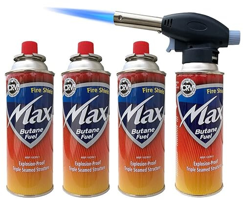Blow Torch Butane Gas Kit, Professional Kitchen Cooking Torch Butane Flame Thrower Burner Welding Auto Ignition Blowtorch for BBQ, Weed,Cooking & Fire Starter (Blow Torch + 4 Gas Refill)