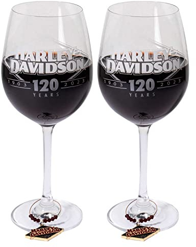 Harley-Davidson 120th Anniversary Two 16 oz. Wine Glasses with Metal Charms Set