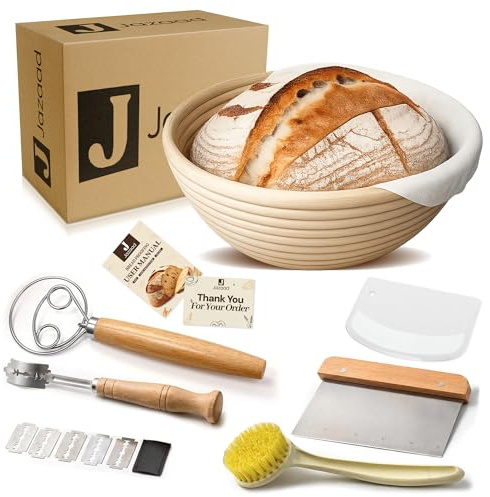 Bread Proofing Basket, Round 9 inch Sourdough Starter Kit- Lame + Dough Scraper Linen -Basting Brush for Making Baking Supplies Tools Natural Rattan –banneton basket