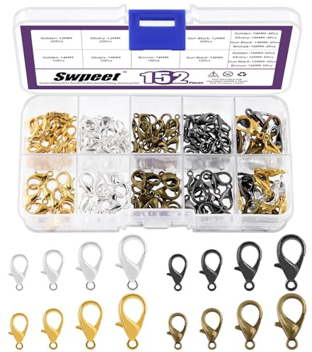 Swpeet Kit di 152 pezzi di chiusure a moschettone di 4 misure, lunghezza 12-18 mm, colori misti, connettori per chiusure di gioielli, chiusure per catene terminali per accessori per la creazione di