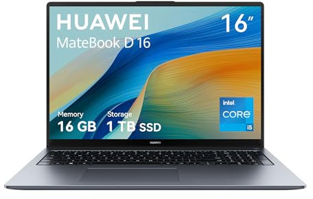 HUAWEI MateBook D16 Laptop, Pantalla FullView de 16 Pulgadas, Procesador Intel Core i5-13420H, 16GB de RAM, SSD de 1TB, Windows 11 Home, Cuerpo Ligero de 1,72 kg, Space Gray