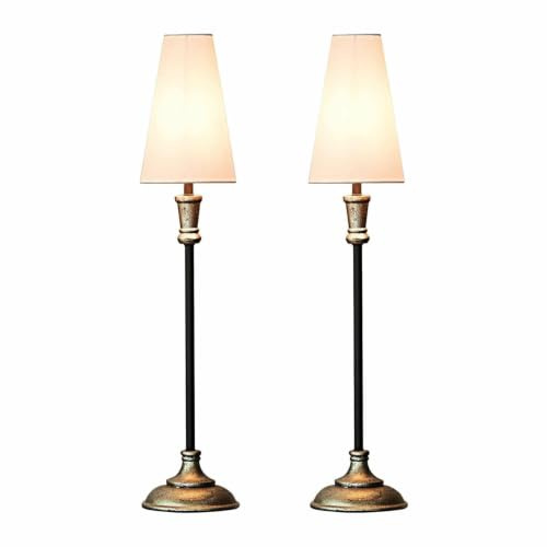 LOBERON Tischlampe 2er Set Obsonville, silber/schwarz/creme | schlanke, hohe Form, klassischer Tütenschirm, Tischleuchte, Wohn-Accessoire, Mangoholz, Eisen, Baumwolle