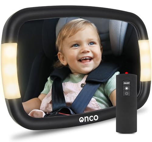 Onco LED Baby Car Mirror - 2 Light Modes, 100% Shatterproof, 360° Adjustable, Back Seat Mirror (Batteries not included)
