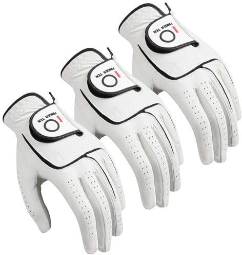 FINGER TEN Golf Gloves Men Right Handed Left Golfer Cabretta Leather Value 3 Pack, Men's Glove Soft Grip Cadet Size Small Medium Large XL XXL (Natural White, Large, Left)