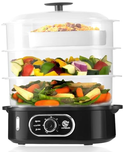 SUPERLEX Vaporera eléctrica de 3 niveles, vaporizador de verduras de 12 litros de capacidad, 3 cuencos y tapas extraíbles, temporizador de 60 minutos, apagado automático, sin BPA