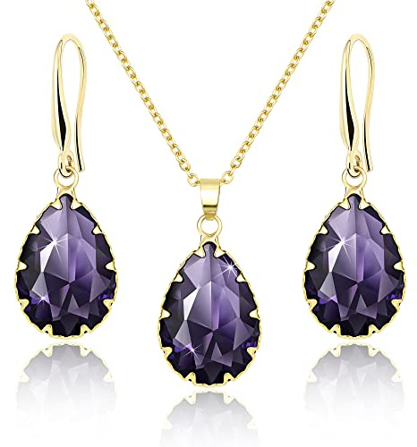 Linawe Conjuntos de joyas moradas para mujer, conjunto de pendientes, pendientes colgantes dorados, collar de cadena con colgante de amatista, joyería dorada a la moda, joyería nupcial