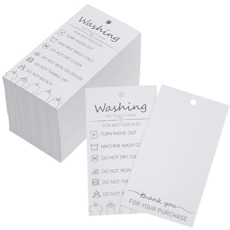 FINGERINSPIRE 160 Pcs Handmade Fabric Washing Instructions Hang Tag 89x50mm White Paper Washing Price Tags Material Care Cards Minimalist Symbols Washing Labels for Shirts, Beanies, Knitted, Quilts