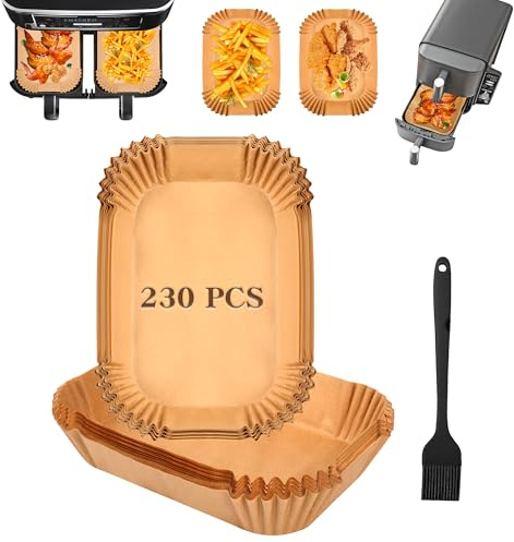 Hivio 230 Stück Airfryer Backpapier für Ninja Double Stack XL SL400EU/Ninja Foodi MAX Dual Zone AF400EU 9.5L, Backpapier für Heißluftfritteuse und Silikonbürste, BPA-Freies Air Fryer Zubehör