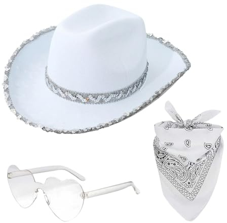 Yuemeuy Cowboy Hut Damen, Western Cowboyhüte, Filz-Cowgirl-Hut Mit Bandana, Filz Cowboyhut Mit Herzbrille, Rosa Cowboyhut, Cowgirl Hut Pink Glitzer Cowgirl Hut Karneval Kostüm Zubehör