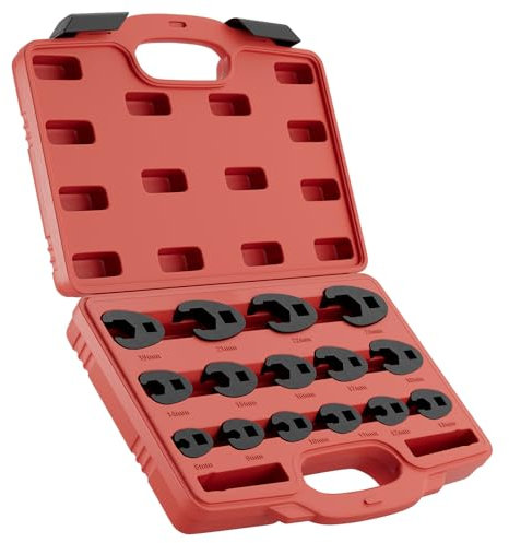 Juego de llaves de pata de gallo, 15 piezas, tamaños métricos de 8 mm a 24 mm, juego de llaves de pata de gallo, juego de llaves para tuercas abocardadas de cromo molibdeno para accionamientos de 1/