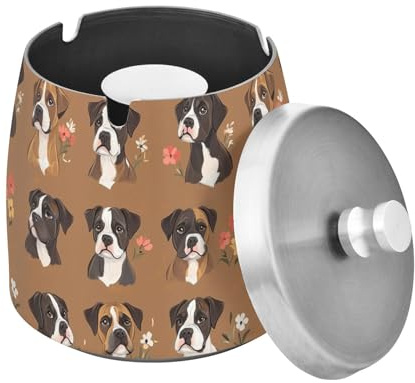 Posacenere in acciaio inox per uso esterno per uomini e donne, simpatico cane boxer marrone, unico posacenere grande senza fumo con coperchio per casa, giardino, ufficio