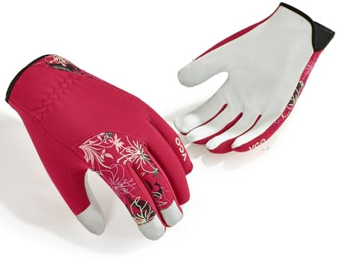 Vgo... 1 Paar Damen Gartenhandschuhe - Premium Ziegenleder Arbeitshandschuhe mit Dornen- & Rutschfestem Griff, Atmungsaktivem Floral Design,Passform für Baumschnitt,Outdoor (1Paar/S/Rot/GA7444-FM)