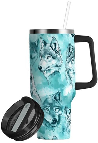 linqin Aesthetic Wolfs - Vaso térmico turquesa con tapa a prueba de fugas y pajita, botella de agua de viaje de 30 onzas, taza reutilizable de acero inoxidable para agua, té helado o café