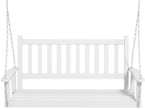 Outdoor 2/3-Sitzer Terrassenstuhl, verstellbare Holz-Hängematte mit hängenden Ketten, gemütliche Bank für Balkon, Garten, Hof – Weiß, 136 x 66 x 63 cm