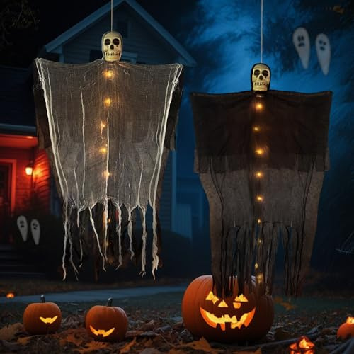 2 Stück Halloween Deko Outdoor Skelett mit LED Lichtern, 95*60cm Hängende Totenkopf Geister Deko,Horror Halloween Deko Innen Garten Tür Ghosts,Skelett Lebensgross Gespenster für Draußen Party Türdeko