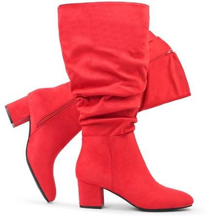 Chicblooms Botas de vestir pantorrilla extra ancha para mujer, botas holgadas de ante con tacón de bloque,Ante rojo, EU 39