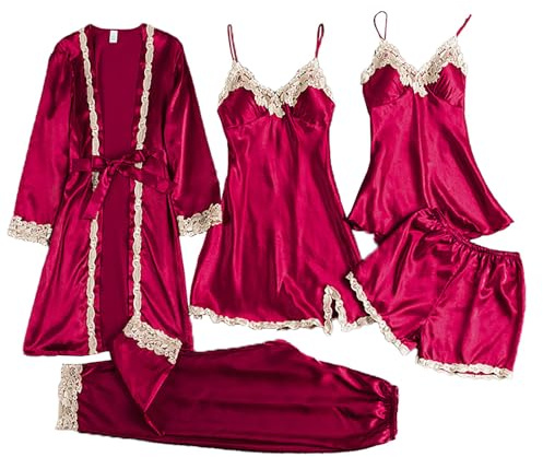 Damen Morgenmantel mit Nachthemd Satin 5-Teiliges Silk Pyjama Set mit Spitze Kimono Robe Cami and Shorts Sexy Negligee Nachthemd Set Hausanzug Seide Lounge Sets