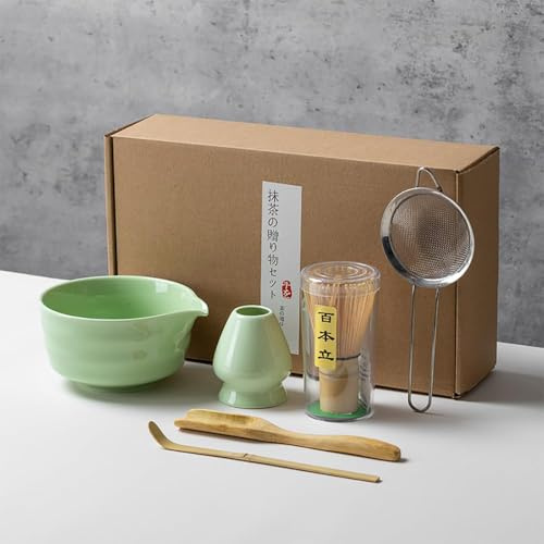Service à thé matcha traditionnel japonais, 6 pièces en céramique, bol et fouet, coffret cadeau haut de gamme, vert clair